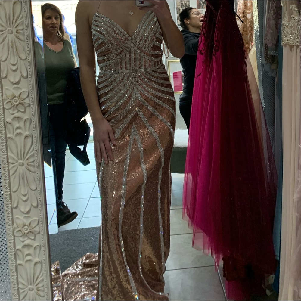 Rose gold and silver Dave and Johnny prom dress